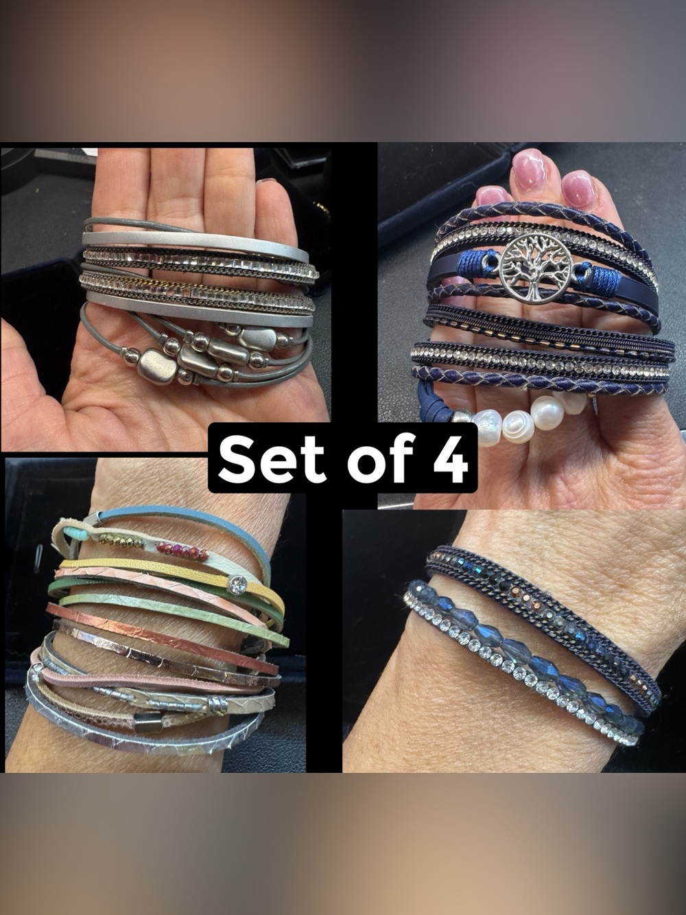 Set of 4 Women's Multi-Stack Bracelet Sets in Blue, Silver, Navy, and Pastel
